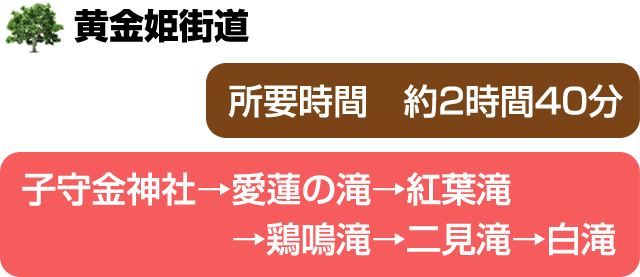 黄金姫街道　子守金神社→愛蓮の滝→紅葉滝→鶏鳴滝→二見滝→白滝