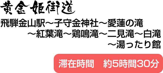 黄金姫街道(子守金神社と横谷峡「四つの滝」を結ぶ)飛騨金山駅～子守金神社～愛蓮の滝～紅葉滝～鶏鳴滝～二見滝～白滝～湯ったり館