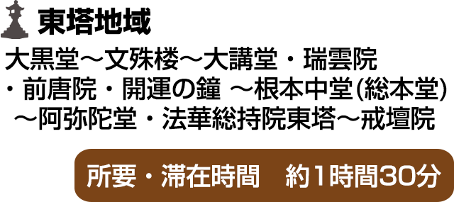 東塔地域（大黒堂～文殊楼～大講堂・瑞雲院・前唐院・開運の鐘～根本中堂(総本堂)～阿弥陀堂・法華総持院東塔～戒壇院）